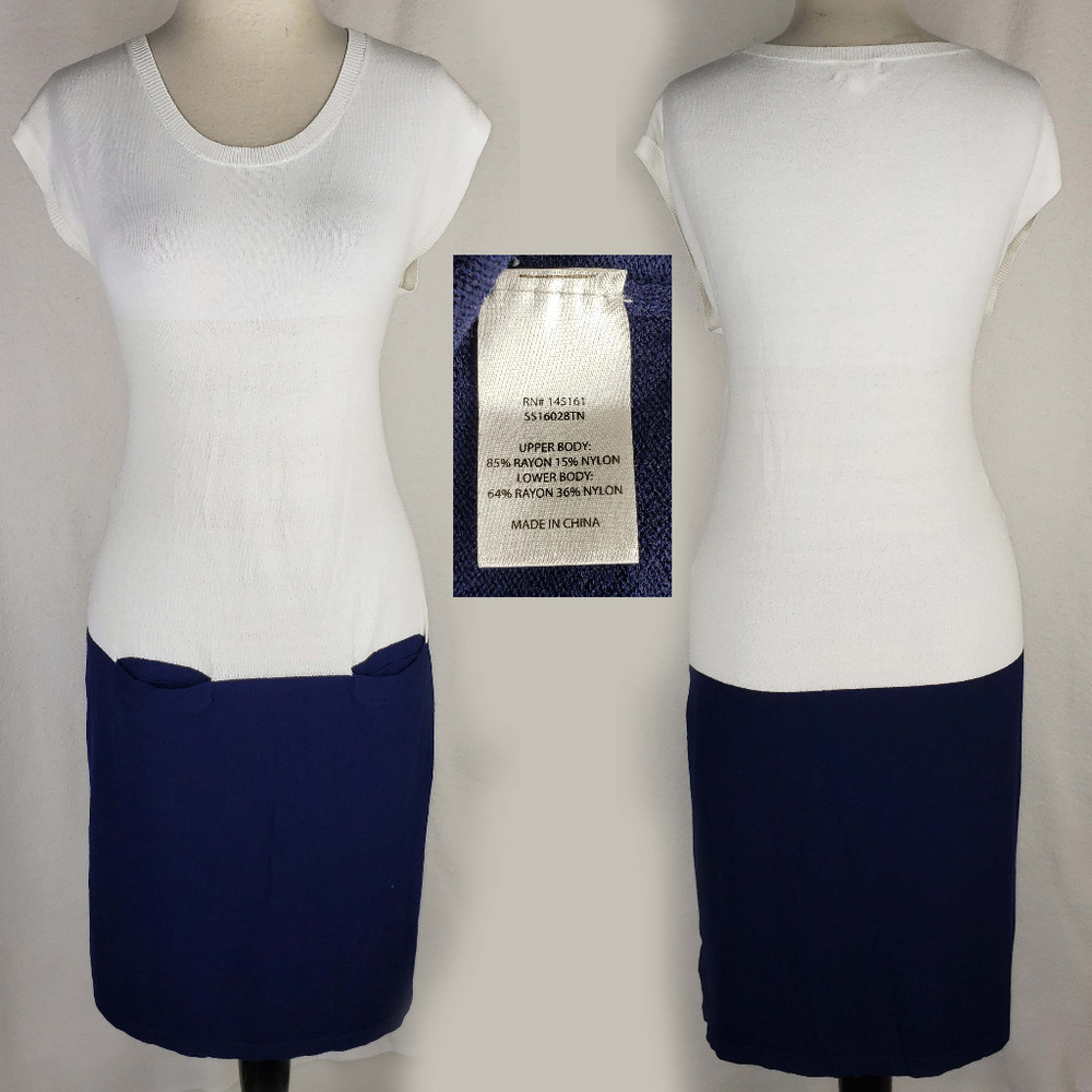 C 3 tone white cream navy slim knit dress w/pocket
